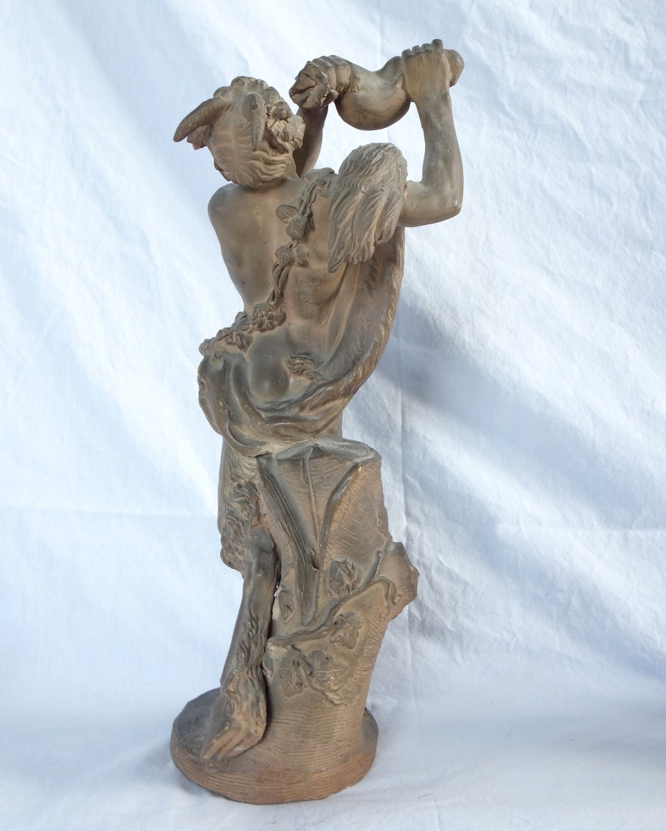 Pair Of Neoclassical Terracotta Statues, Faun And Bacchante After Clodion-photo-3