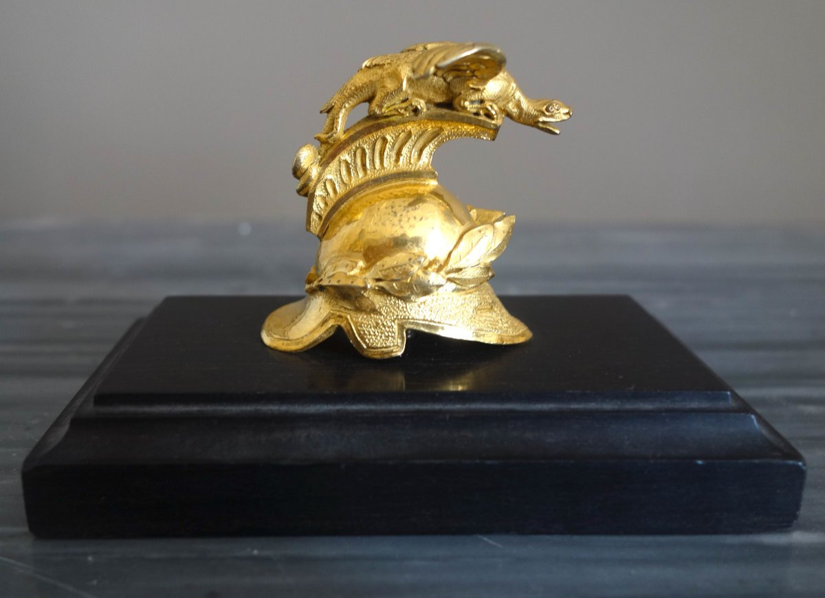 Paperweight In The Shape Of A Dragon's Helmet, Gilt Bronze And Ebony, Early 19th Century-photo-2