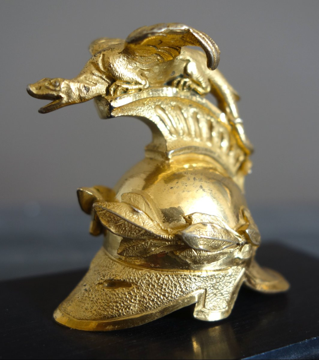 Paperweight In The Shape Of A Dragon's Helmet, Gilt Bronze And Ebony, Early 19th Century-photo-4