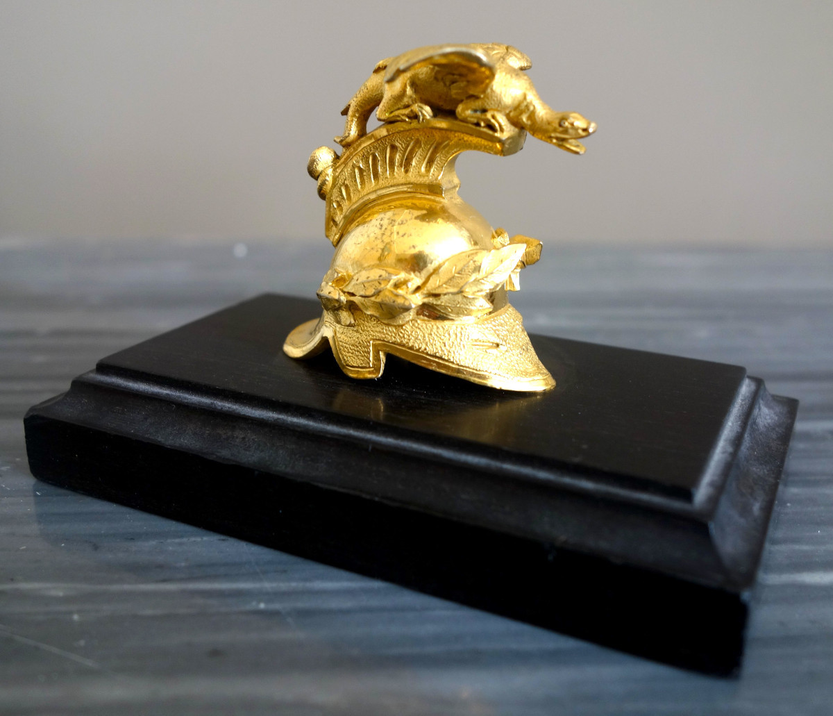 Paperweight In The Shape Of A Dragon's Helmet, Gilt Bronze And Ebony, Early 19th Century