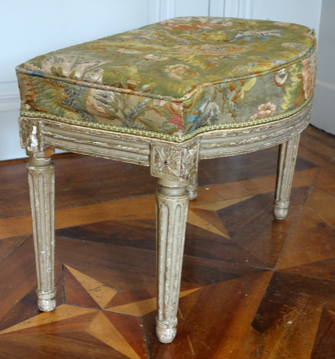 Louis XVI Period Four-poster Bed Step Stool - Silk Damask With Silver Thread, 18th Century-photo-3