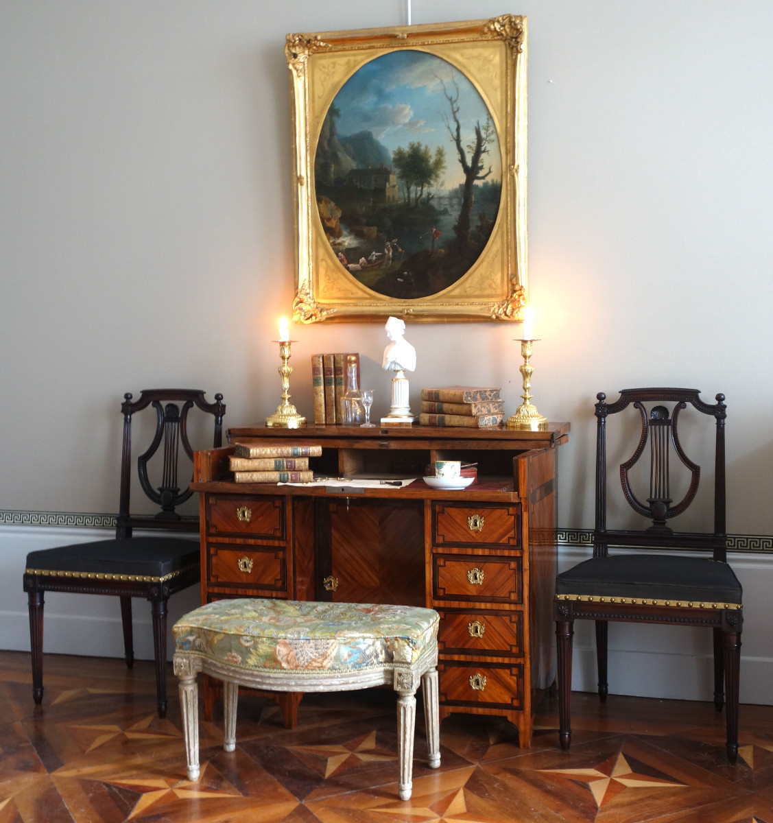 Louis XVI Period Four-poster Bed Step Stool - Silk Damask With Silver Thread, 18th Century-photo-7