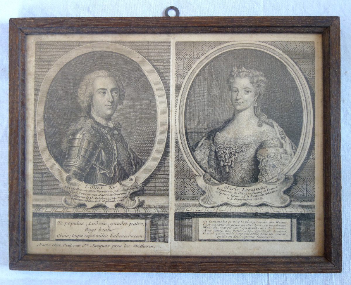 Paire de portraits gravure du Roi Louis XV et de la Reine Marie Leczinska - époque 18e siècle