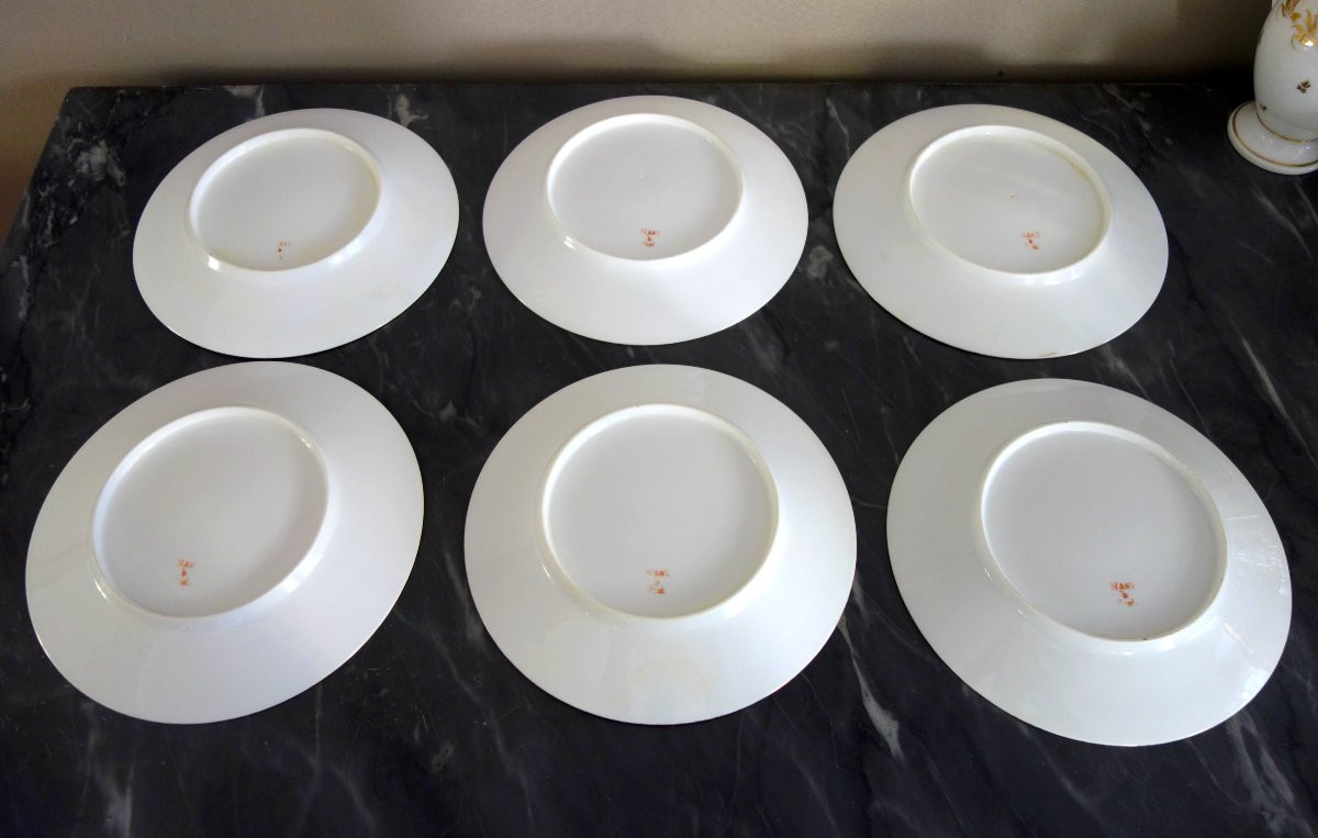 Nast : suite de 12 assiettes de table & à dessert porcelaine à filet or époque Empire - signées-photo-3