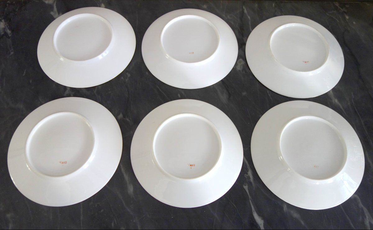 Nast : suite de 12 assiettes de table & à dessert porcelaine à filet or époque Empire - signées-photo-5