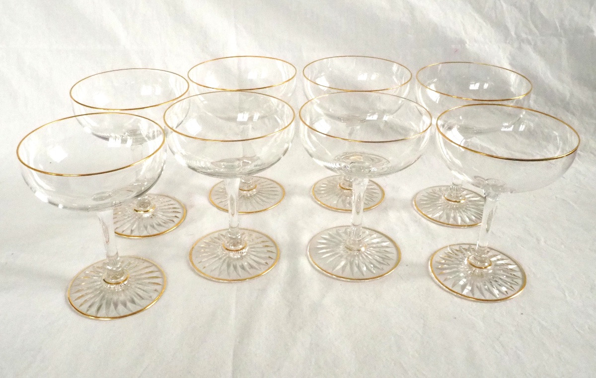 8 Baccarat Crystal Champagne Coupes Embellished With Fine Gold - T-shaped-photo-3