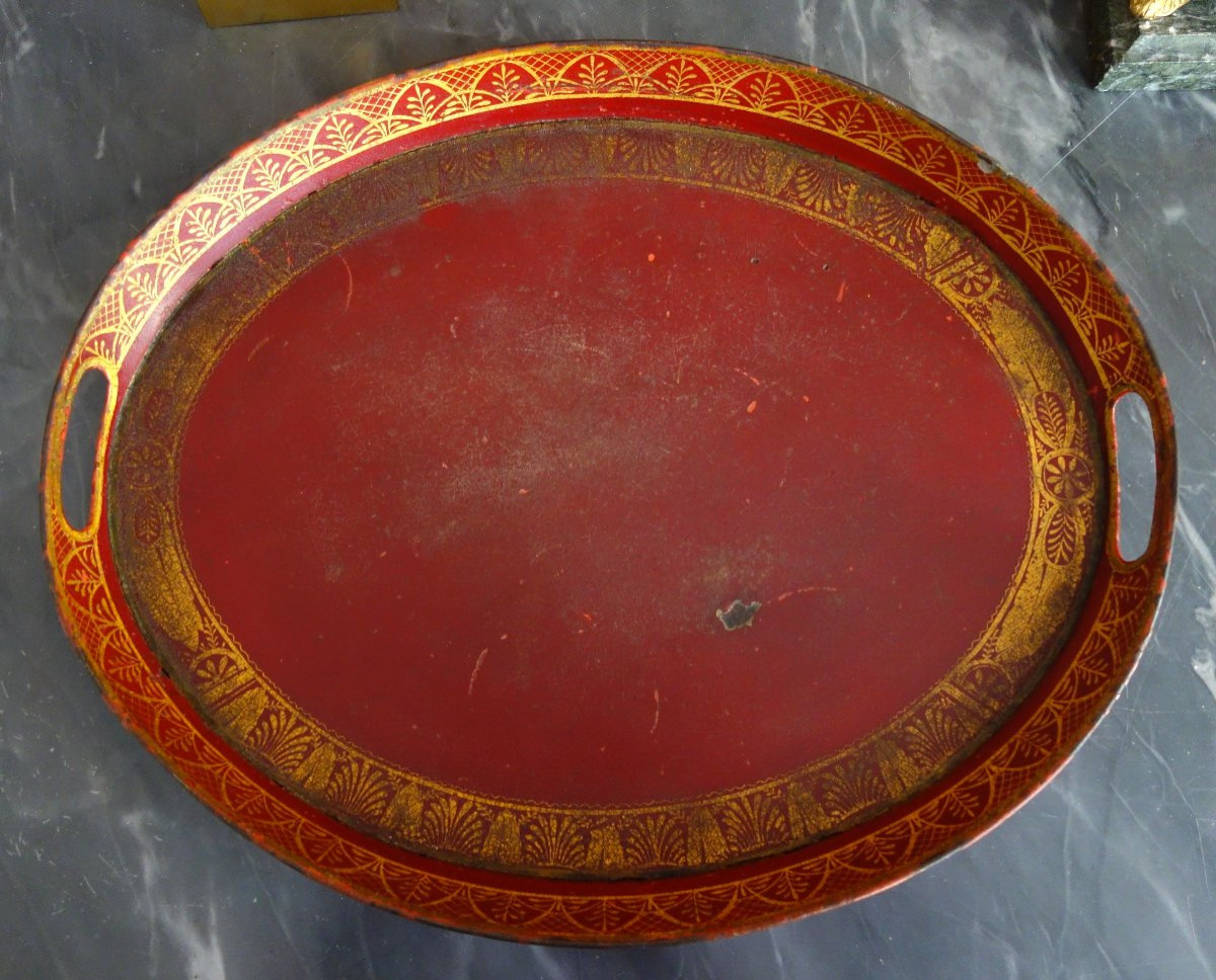 Grand plateau de service d'époque Empire en tôle laquée rouge et or-photo-2