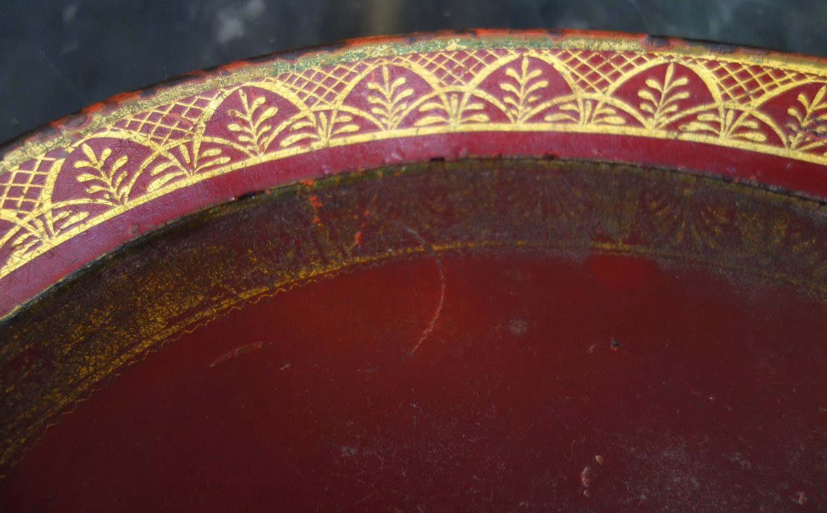 Grand plateau de service d'époque Empire en tôle laquée rouge et or-photo-2