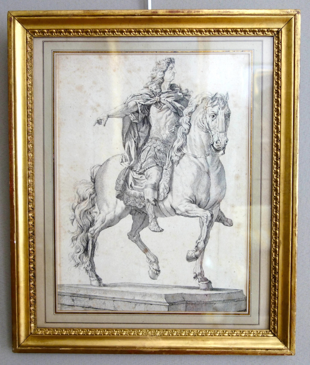 Portrait &eacute;questre de Louis XIV d'apr&egrave;s la statue de Girardon, gravure , XVIIIe si&egrave;cle