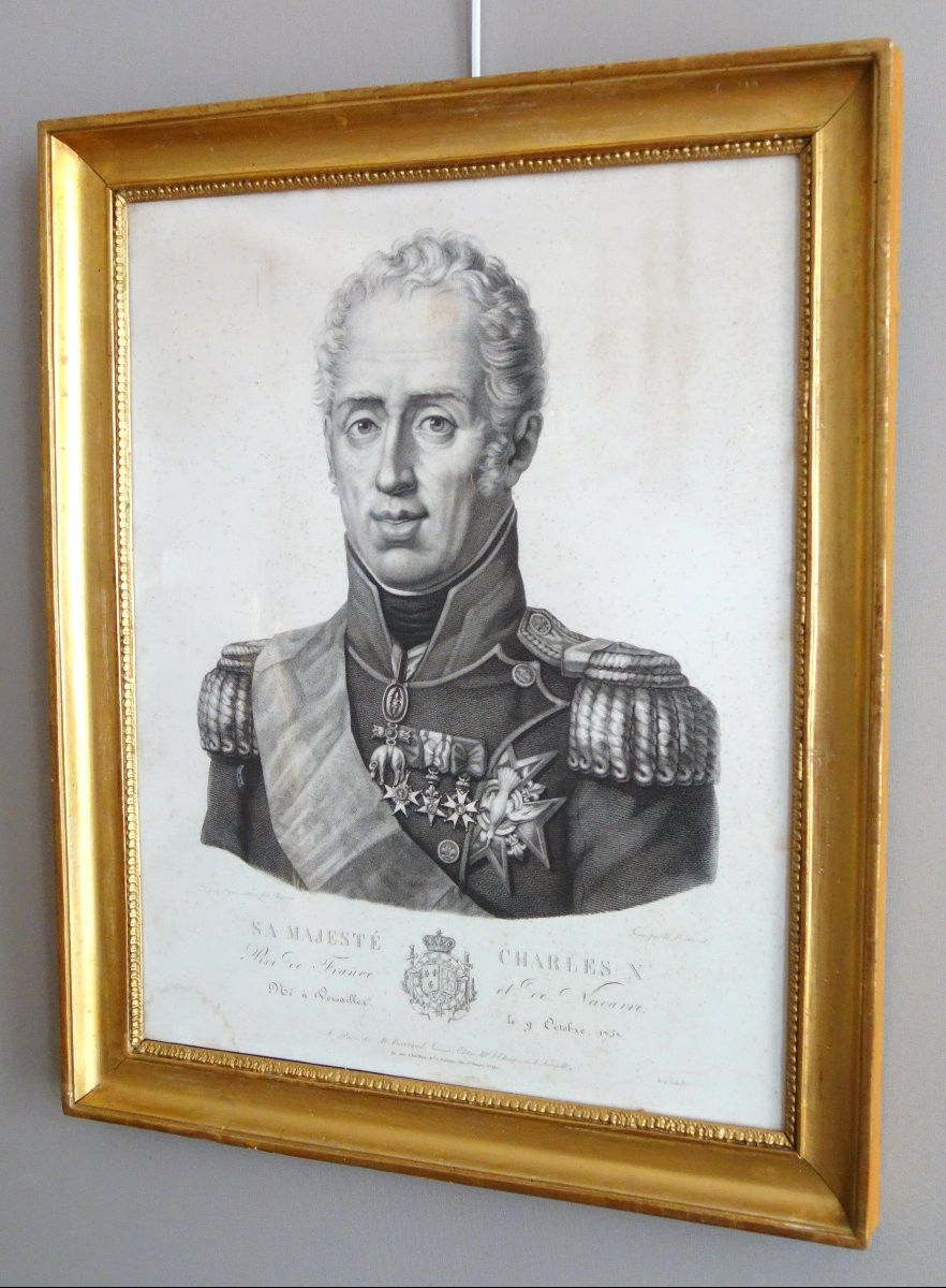 Royalist Engraving - Portrait Of Charles X, King Of France And Navarre, Giltwood Frame, 1820-photo-2