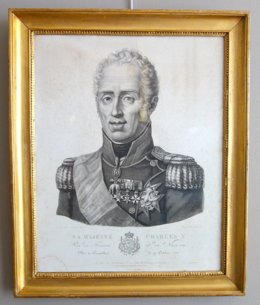 Royalist Engraving - Portrait Of Charles X, King Of France And Navarre, Giltwood Frame, 1820