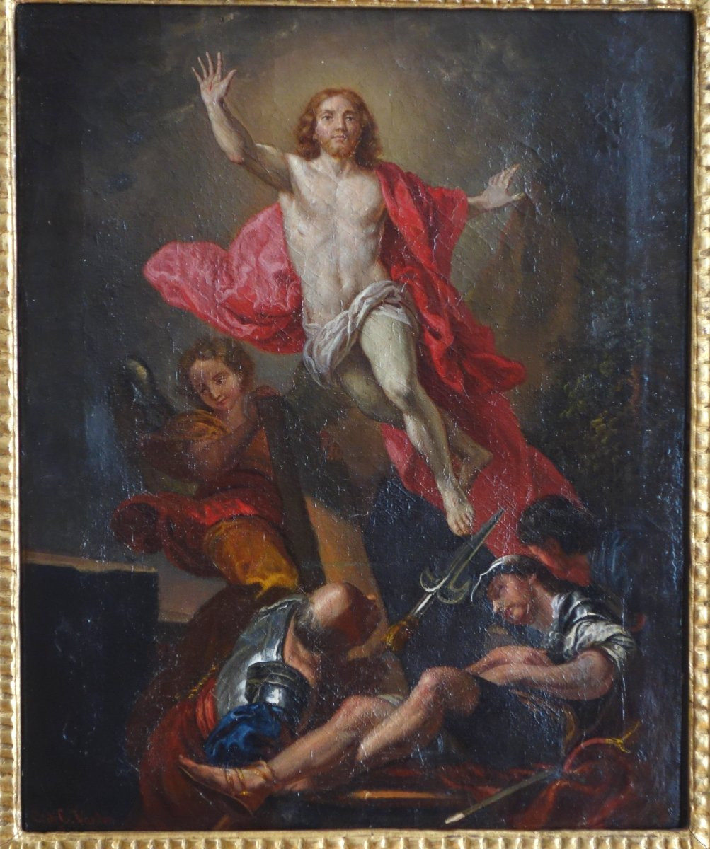 La Résurrection du Christ d'après van Loo, HST cadre en bois doré d'époque Louis XIV-photo-2