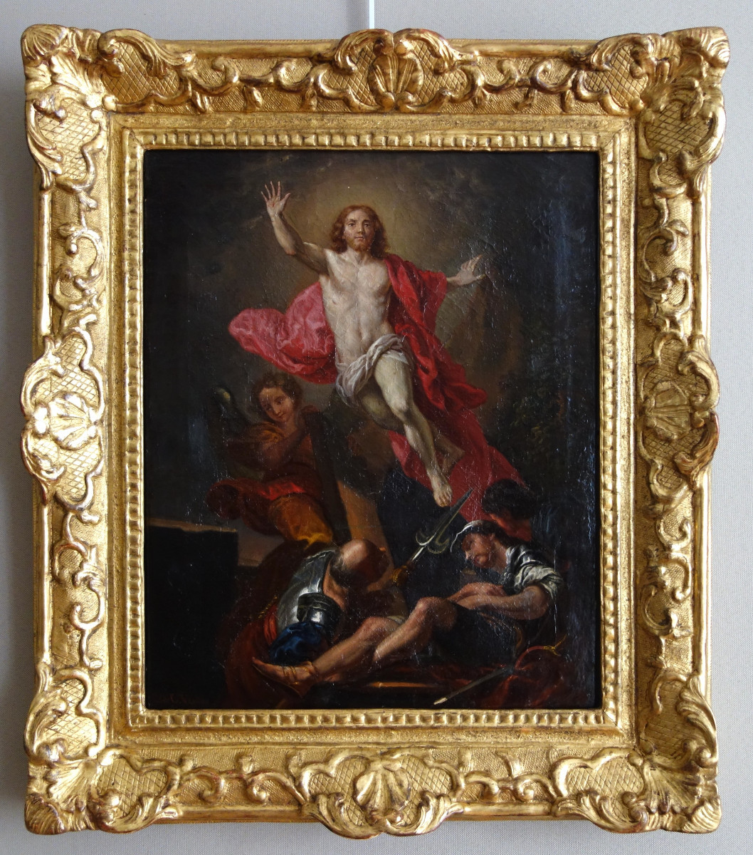 La Résurrection du Christ d'après van Loo, HST cadre en bois doré d'époque Louis XIV