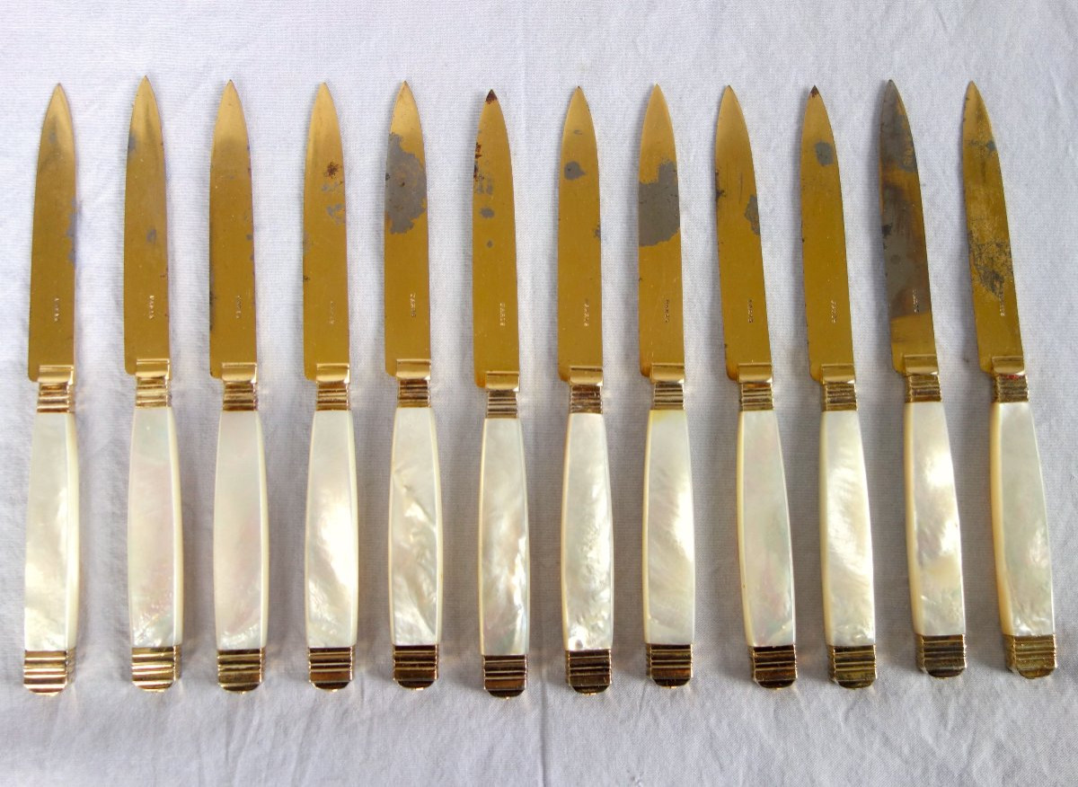 Set Of 12 Cheese Knives In Mother-of-pearl, Vermeil And Gilded Steel-photo-2