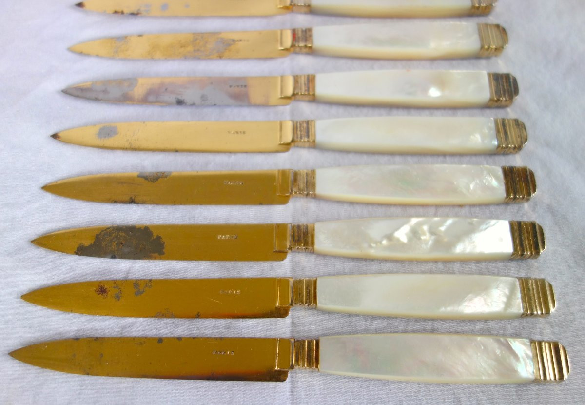Set Of 12 Cheese Knives In Mother-of-pearl, Vermeil And Gilded Steel-photo-1