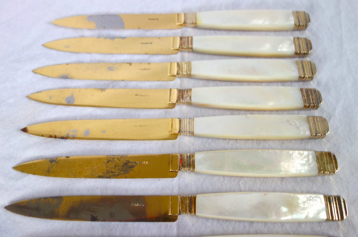 Set Of 12 Cheese Knives In Mother-of-pearl, Vermeil And Gilded Steel-photo-2