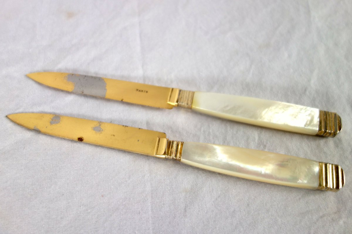 Set Of 12 Cheese Knives In Mother-of-pearl, Vermeil And Gilded Steel-photo-4