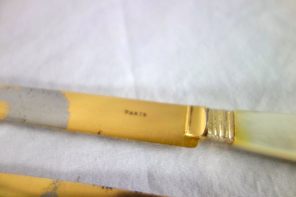 Set Of 12 Cheese Knives In Mother-of-pearl, Vermeil And Gilded Steel-photo-5