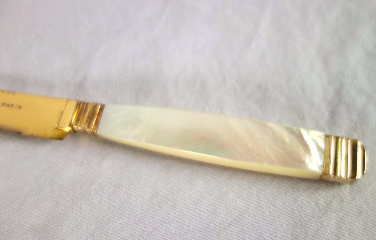 Set Of 12 Cheese Knives In Mother-of-pearl, Vermeil And Gilded Steel-photo-6