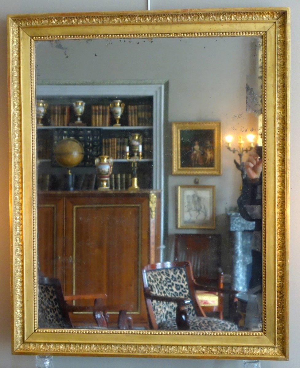 Miroir en bois doré feuille d'or et glace au mercure d'époque Empire - 88x72cm-photo-2