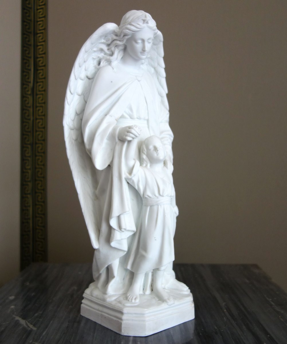 Large Guardian Angel Statue, 19th-century Biscuit Porcelain, Traditionalist Religious Object-photo-3