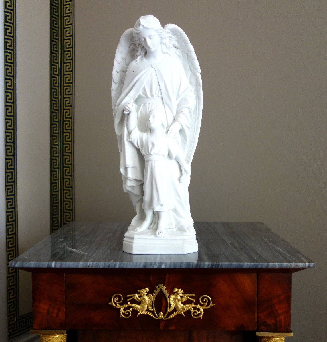 Large Guardian Angel Statue, 19th-century Biscuit Porcelain, Traditionalist Religious Object