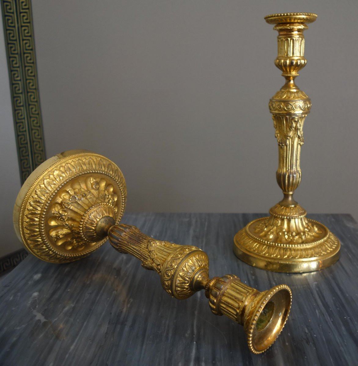 Pair Of Louis XVI Style Candlesticks In Chased And Gilded Bronze-photo-3