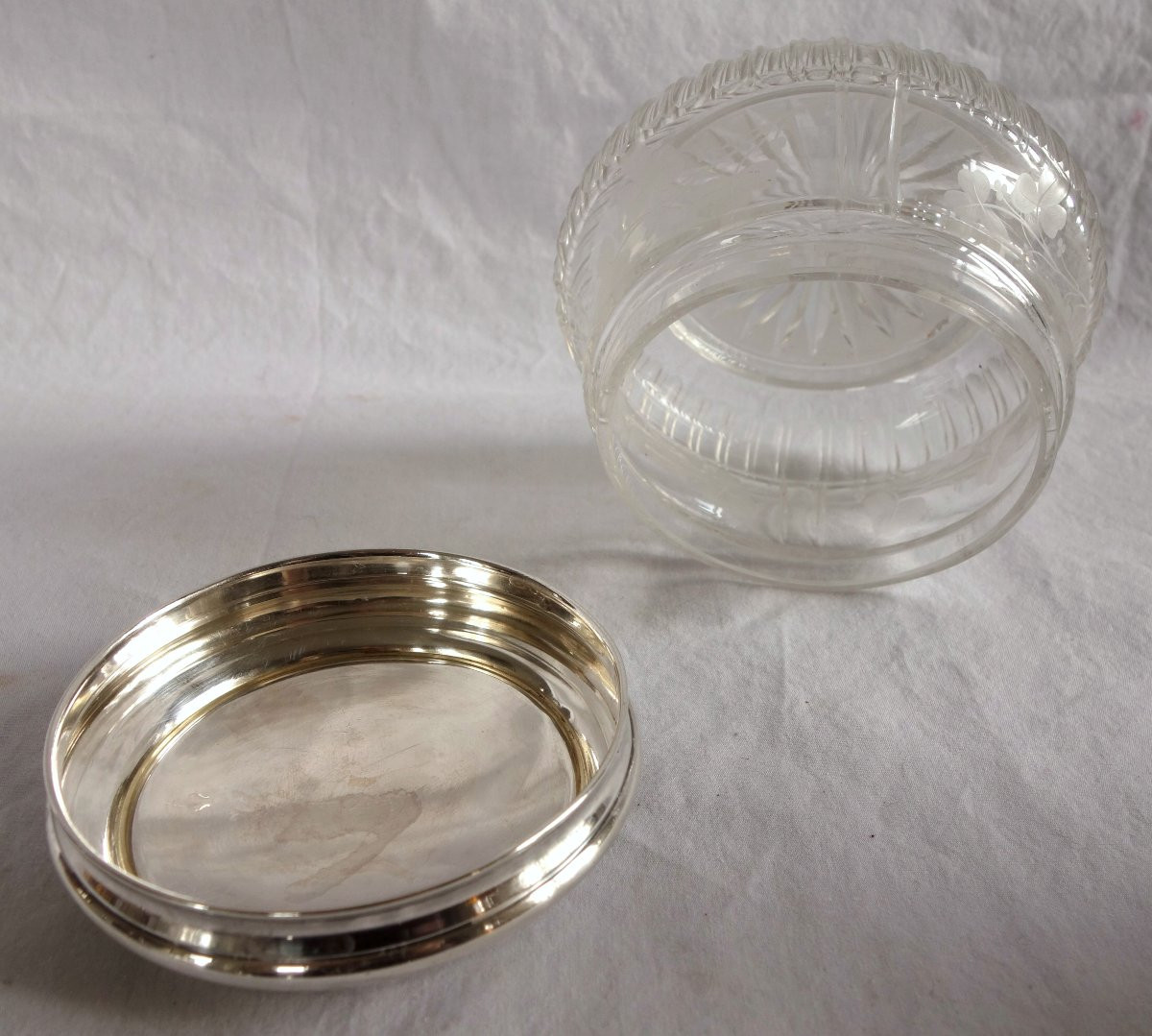 Baccarat - Bonbonnière en argent massif et cristal taillé gravé Art Nouveau - poinçon Minerve-photo-5