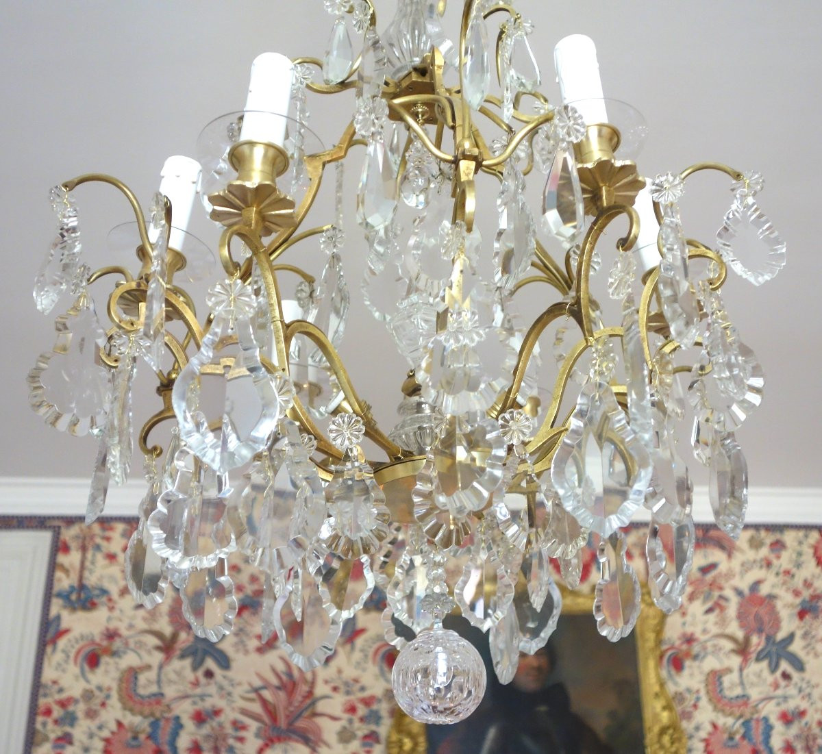 Lustre cage à 9  feux de style Louis XV, pampilles en cristal taillé de Baccarat-photo-2