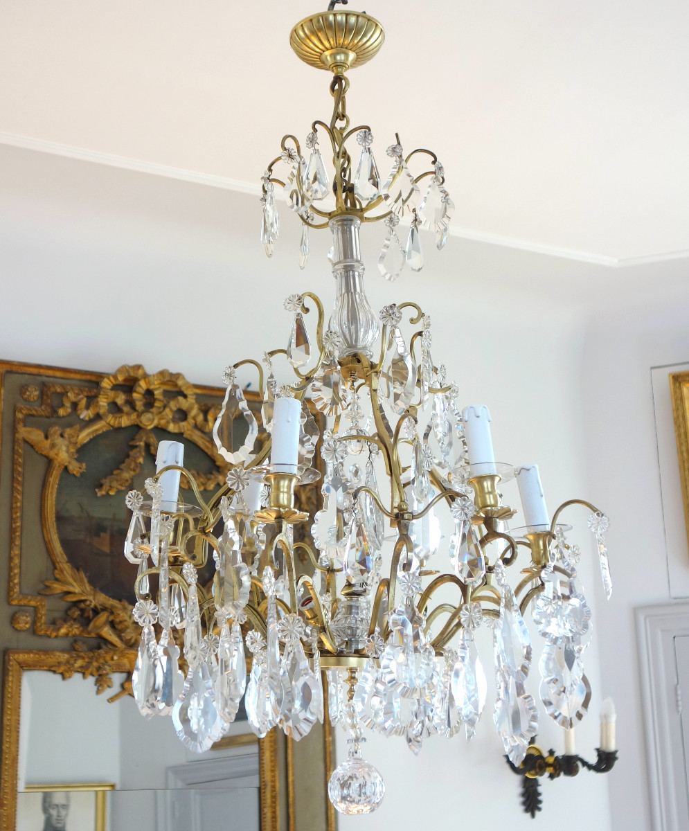 Lustre cage à 9  feux de style Louis XV, pampilles en cristal taillé de Baccarat