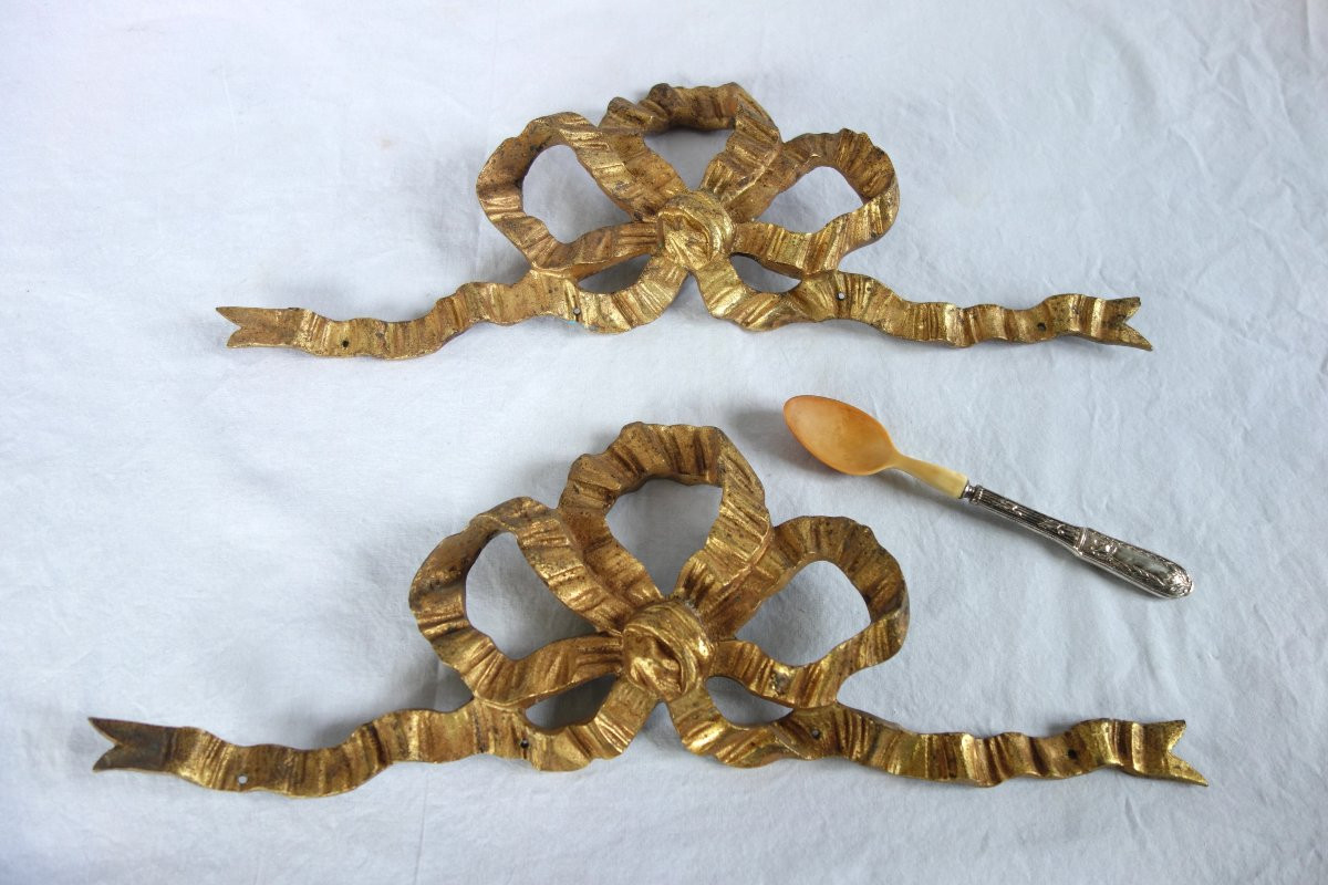 Paire de grands noeuds de ruban de style Louis XVI - ornement de meuble ou de cadre 36x12cm-photo-3