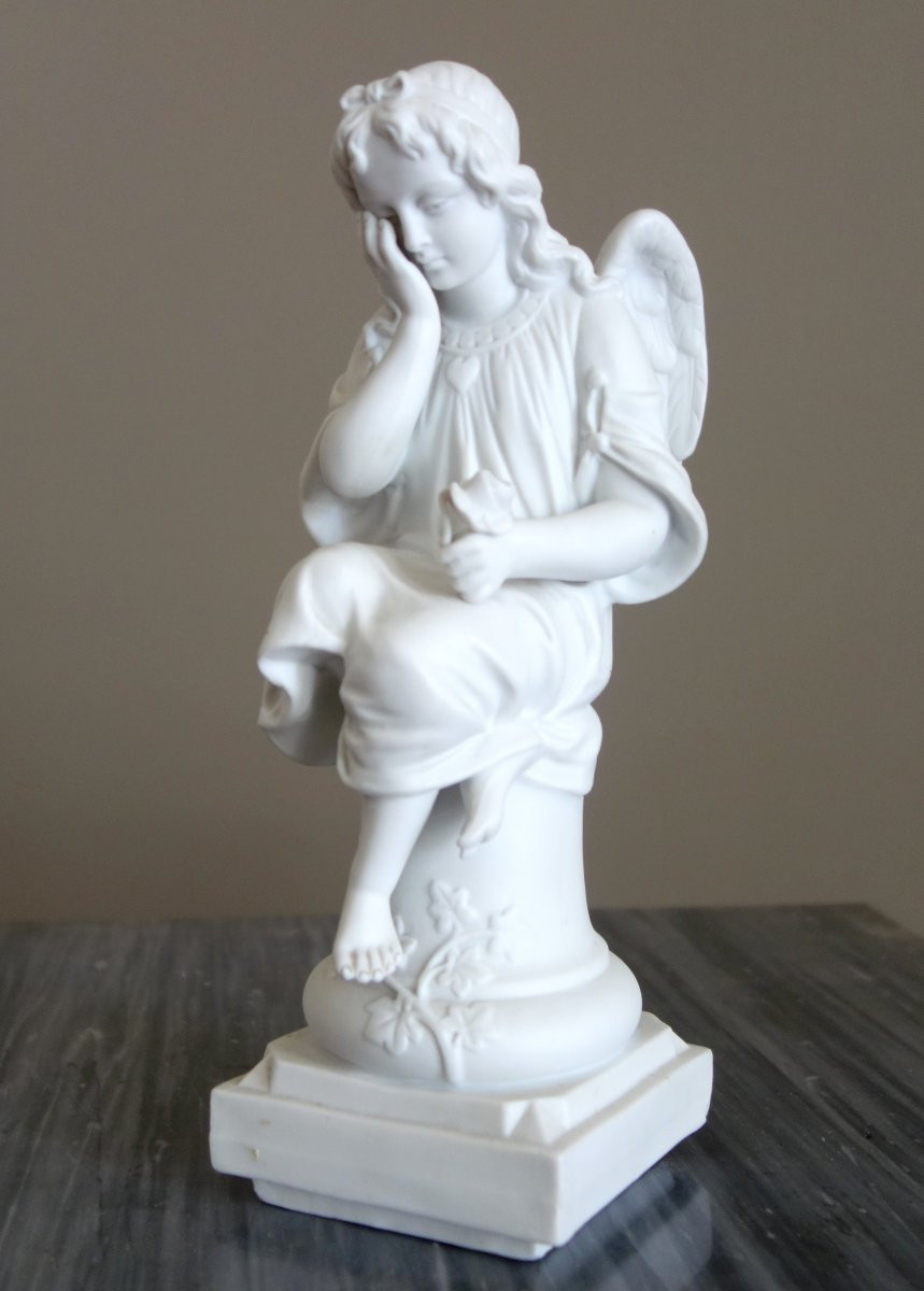 Guardian Angel Statue, 19th-century Biscuit Porcelain, Traditionalist Religious Object-photo-2