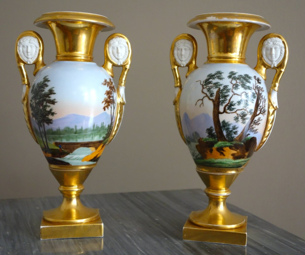 Pair Of Empire Vases In Paris Porcelain With Biscuit Porcelain Handles - Rotating Landscapes-photo-2