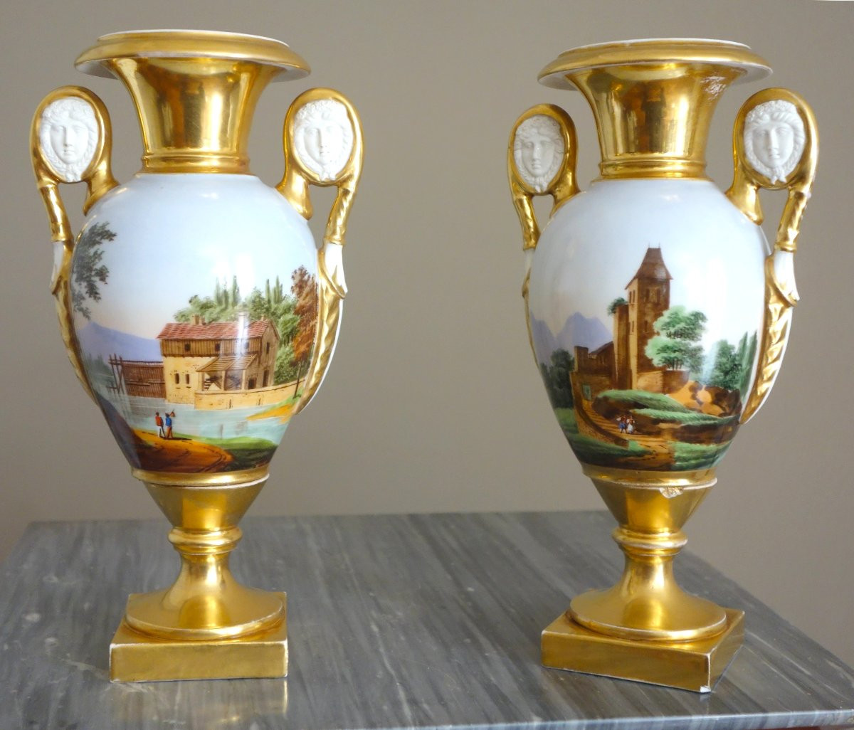 Pair Of Empire Vases In Paris Porcelain With Biscuit Porcelain Handles - Rotating Landscapes-photo-3