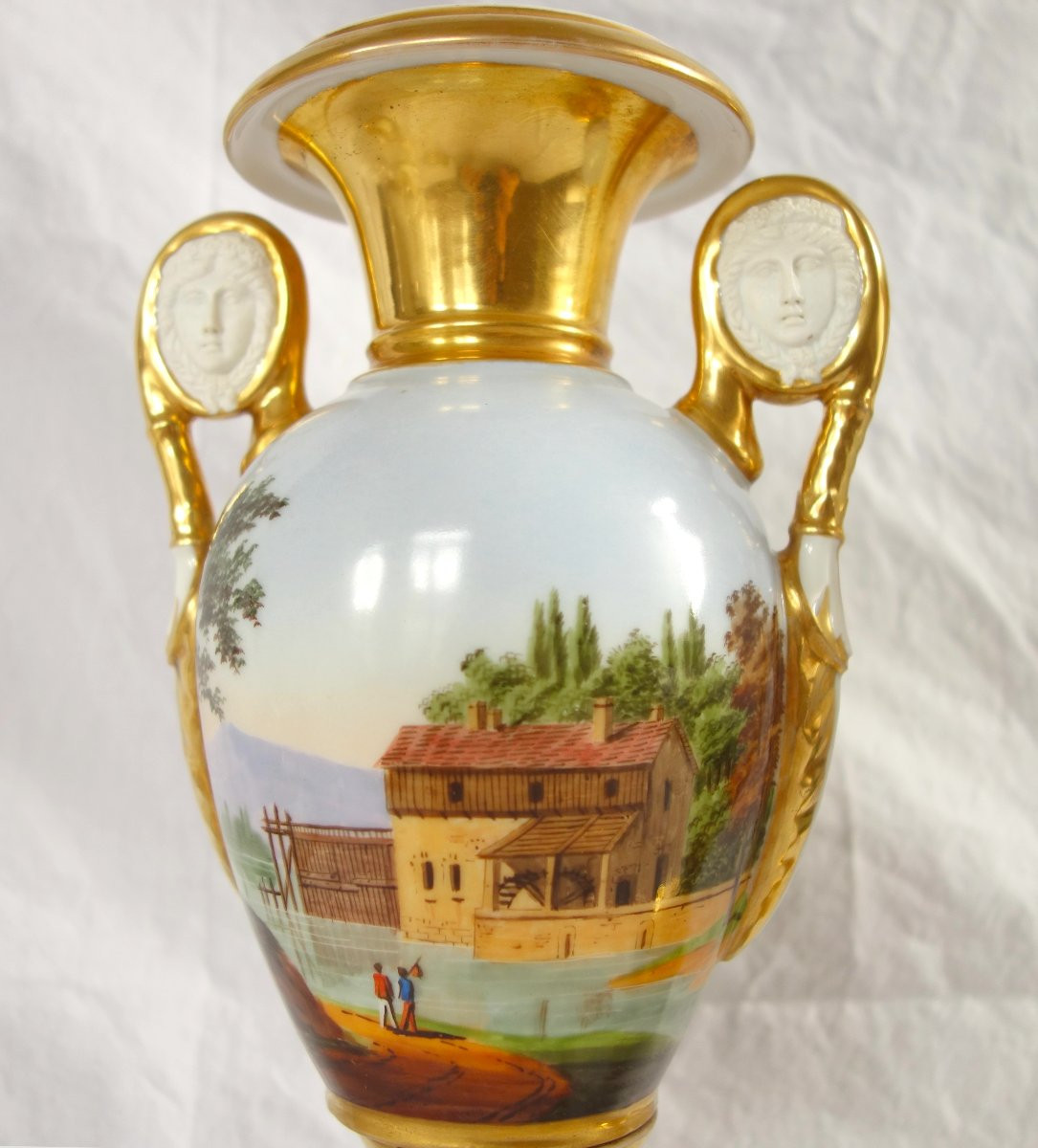 Pair Of Empire Vases In Paris Porcelain With Biscuit Porcelain Handles - Rotating Landscapes-photo-1