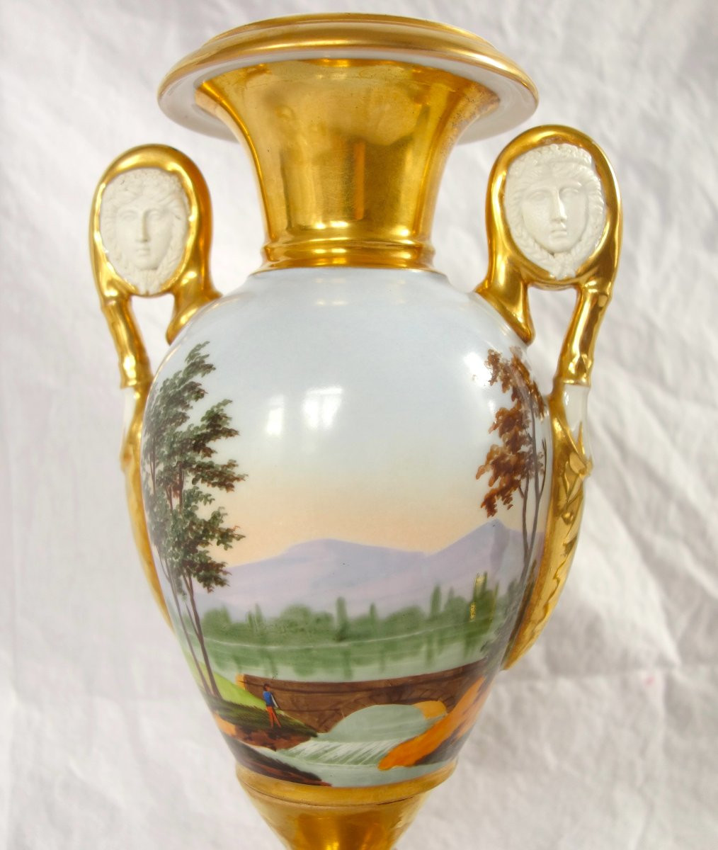 Pair Of Empire Vases In Paris Porcelain With Biscuit Porcelain Handles - Rotating Landscapes-photo-4