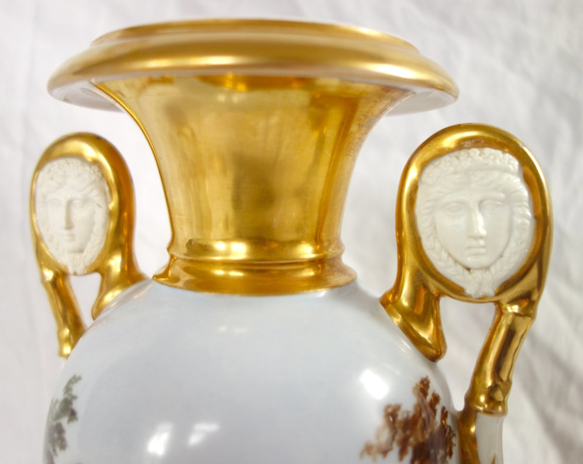 Pair Of Empire Vases In Paris Porcelain With Biscuit Porcelain Handles - Rotating Landscapes-photo-5