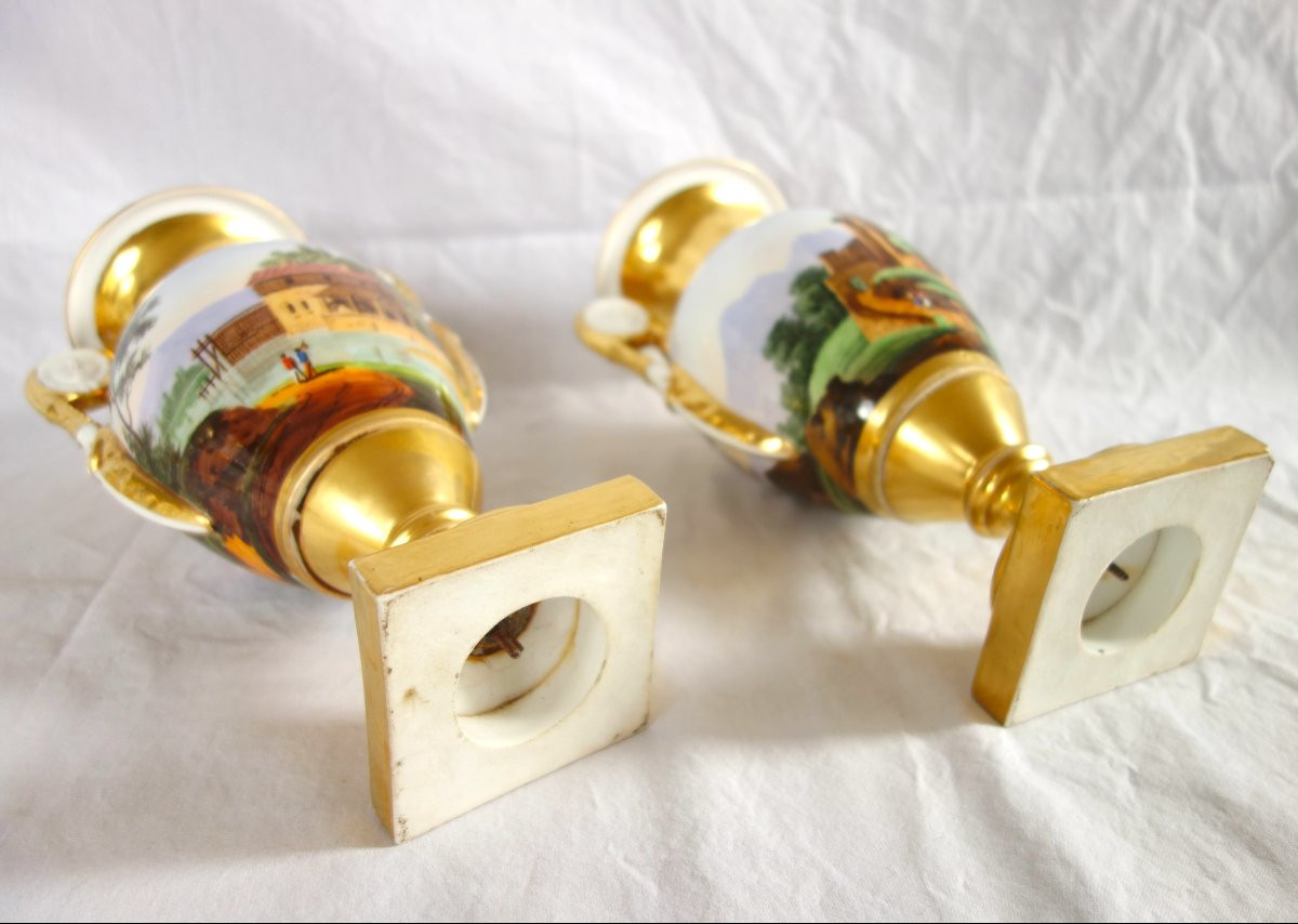 Pair Of Empire Vases In Paris Porcelain With Biscuit Porcelain Handles - Rotating Landscapes-photo-6