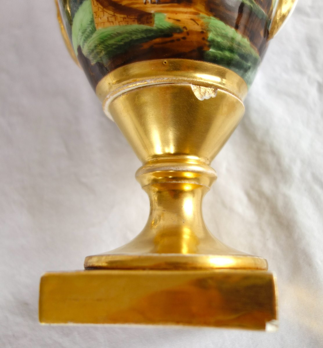 Pair Of Empire Vases In Paris Porcelain With Biscuit Porcelain Handles - Rotating Landscapes-photo-8