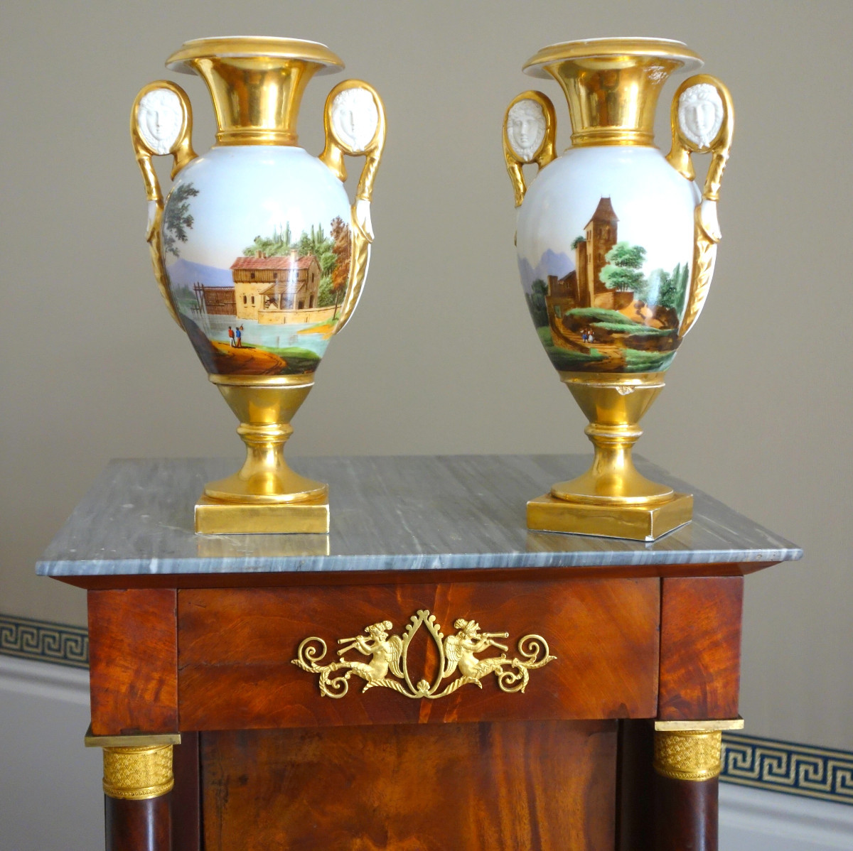 Pair Of Empire Vases In Paris Porcelain With Biscuit Porcelain Handles - Rotating Landscapes