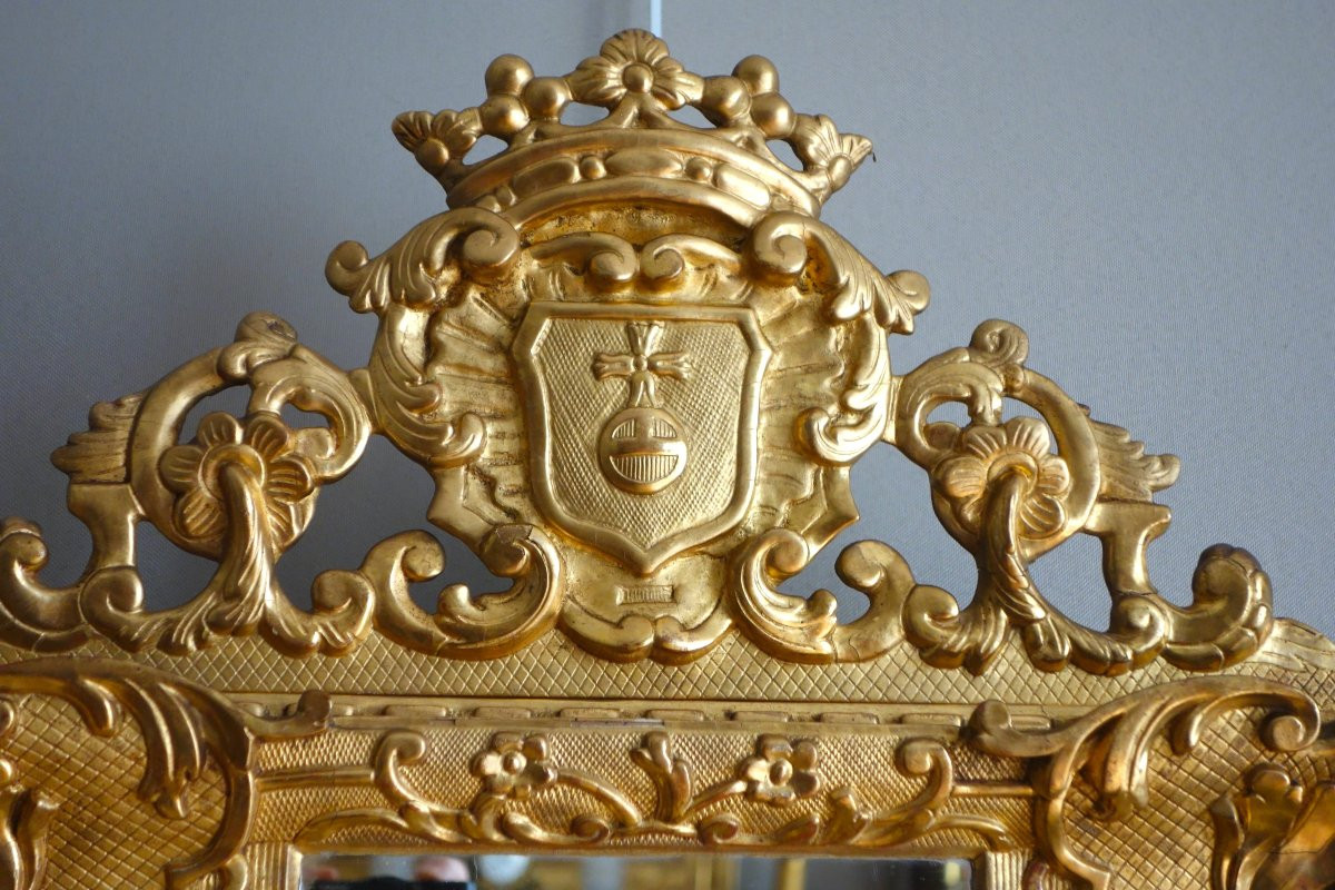 Miroir à parecloses Régence en bois doré armoiries et couronne de Marquis - 19e siècle-photo-3