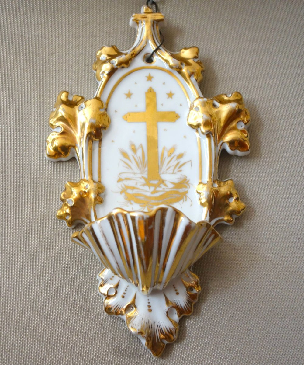 B&eacute;nitier en porcelaine de Paris Blanc et Or vers 1840 - objet catholique traditionnaliste-photo-2