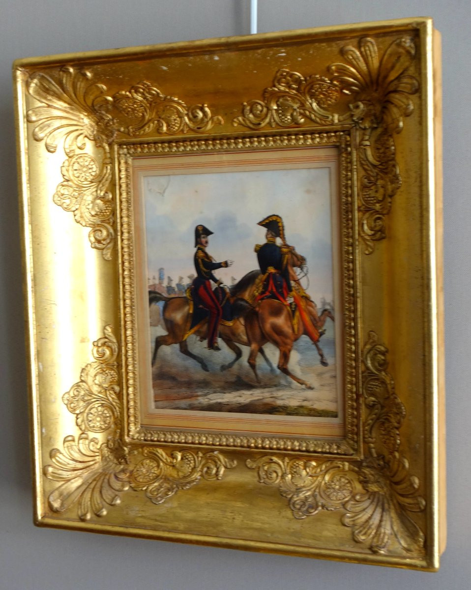 Gravure gouachée d'époque Restauration - officiers supérieurs à cheval - beau cadre bois doré-photo-2