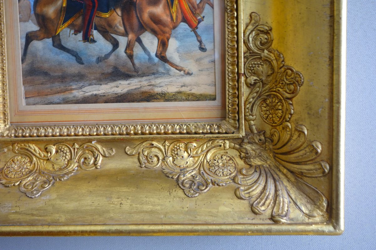 Gravure gouachée d'époque Restauration - officiers supérieurs à cheval - beau cadre bois doré-photo-4