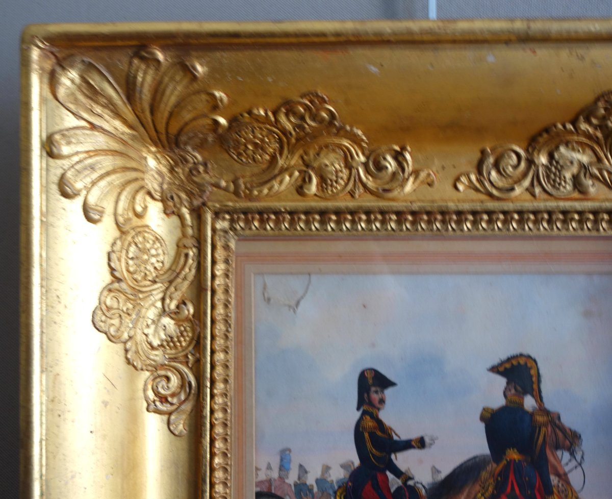 Gravure gouachée d'époque Restauration - officiers supérieurs à cheval - beau cadre bois doré-photo-1