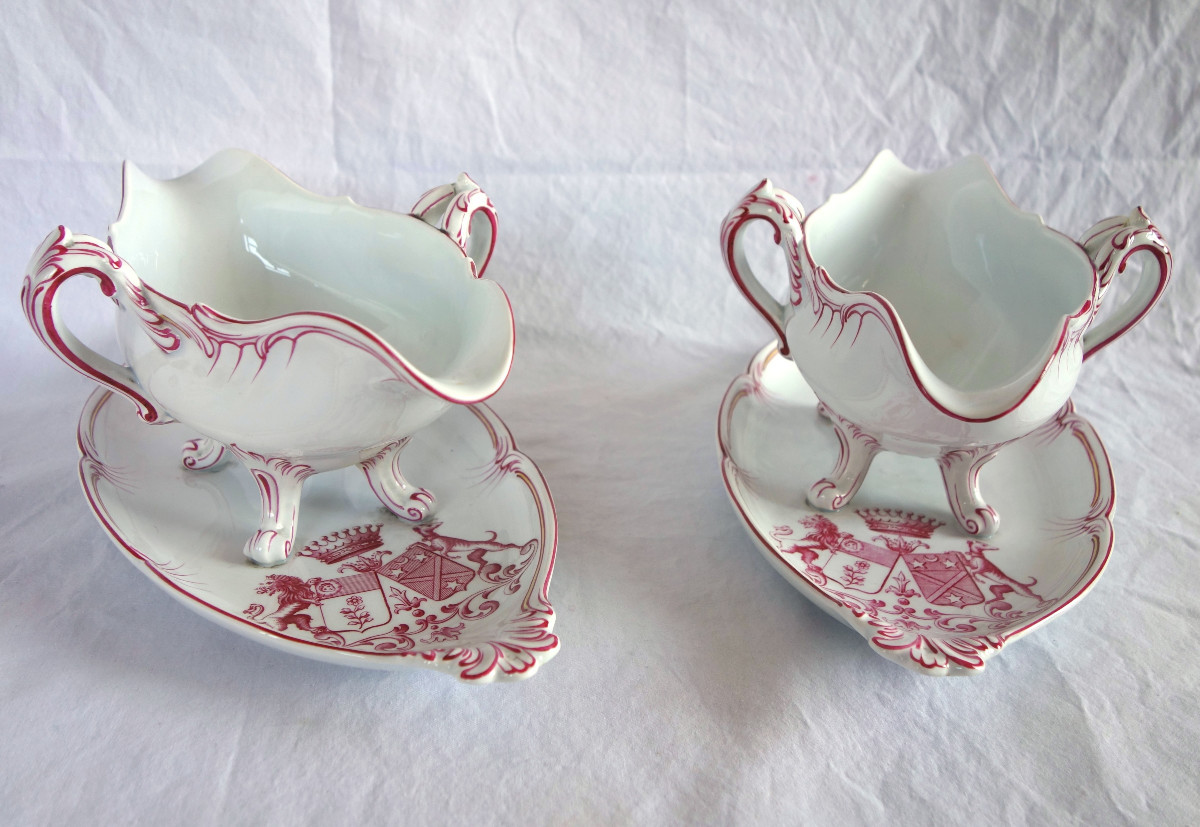 Luneville - Pair Of Earthenware Sauce Boats, Coat Of Arms And Crown Of Count - 19th Century-photo-2