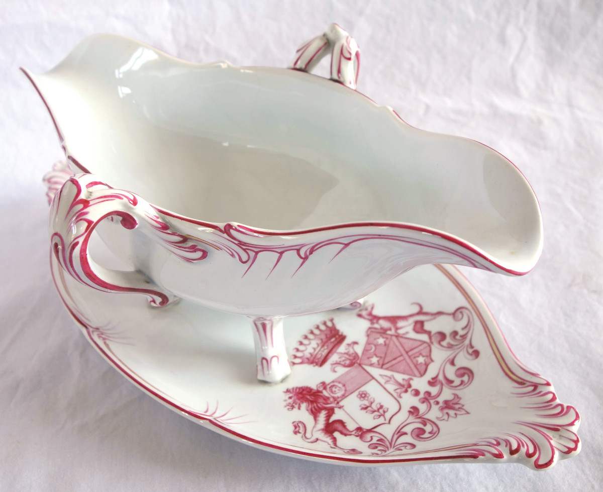 Luneville - Pair Of Earthenware Sauce Boats, Coat Of Arms And Crown Of Count - 19th Century-photo-5