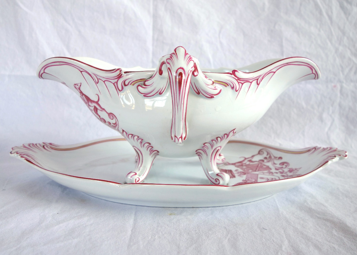 Luneville - Pair Of Earthenware Sauce Boats, Coat Of Arms And Crown Of Count - 19th Century-photo-6