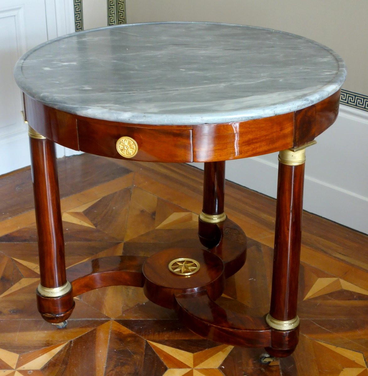 Empire Style Tea Table/pedestal Table In Mahogany, Mercury-gilt Bronze And Blue Turquin Marble-photo-2