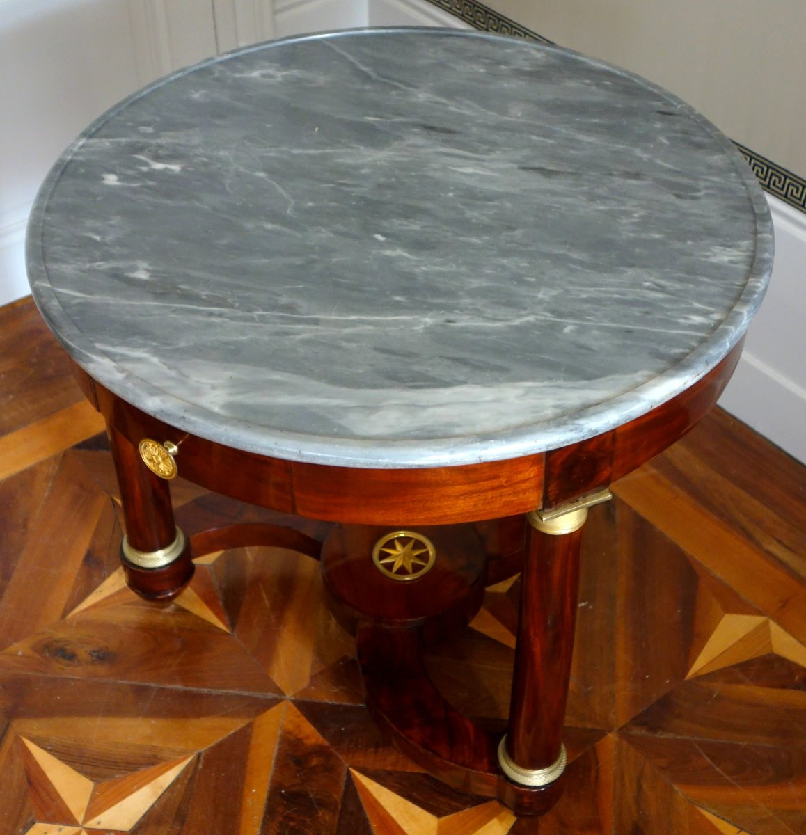 Empire Style Tea Table/pedestal Table In Mahogany, Mercury-gilt Bronze And Blue Turquin Marble-photo-1
